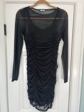 Black Ruched Long Sleeve Mesh Dress Size Small